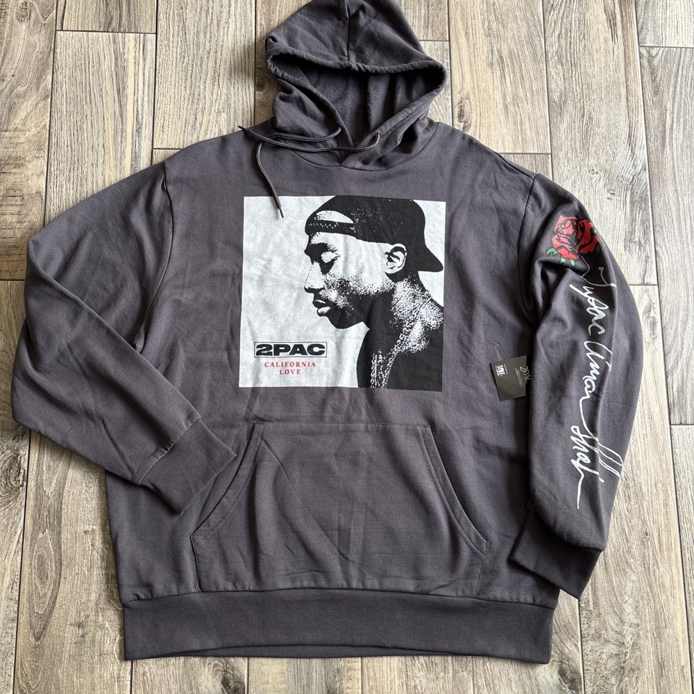 2Pac Tupac Shakur California Love Graphic Hoodie XL Charcoal Rose Sleeve Rap Tee